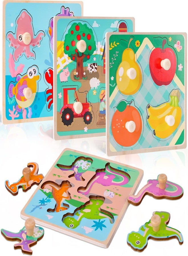 LovesTown Wooden Peg Puzzles Learning Toys Montessori Educational Knob Puzzle with Handles for Toddlers Preschool Kids 4 PCS - Image 1